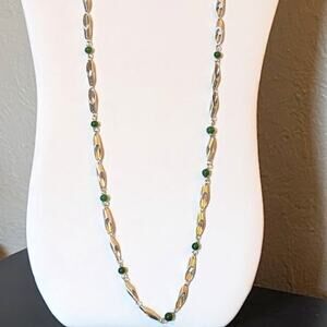 Vintage Barrel Clasp Silver Tone Tubular Green Bead Lightweight 30" Necklace